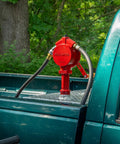 Manual Fuel Transfer Rotary Hand Pump With Reversible Flow No Power Needed, Grab-and-Go Portable Tool For Fueling Or Draining Vehicle Tanks, Discharge Hose, Straight Spout, Vacuum Breaker, Suction Pipe, Theft Prevention Design on truck bed