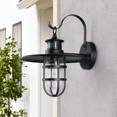 Side view of 2 Pack 10 Inch Motion Sensor Outdoor Porch Lights Dusk to Dawn Exterior Wall Sconces Waterproof Matte Black Farmhouse Barn Lighting