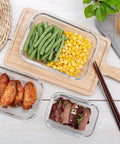 Top view of Glass Meal Prep Containers Set of 10 with Lids Airtight Food Storage Boxes filled with green beans, corn, wings, and beef slices