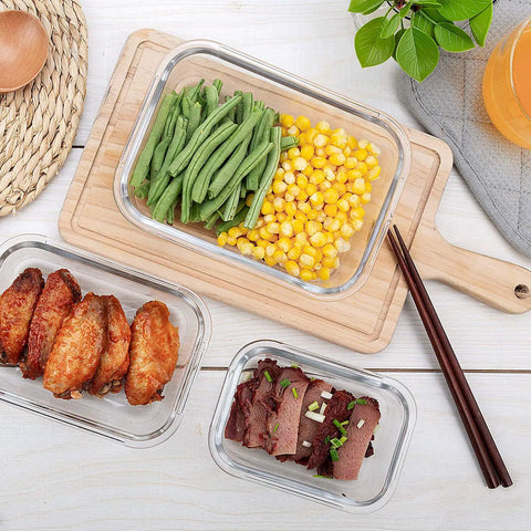Top view of Glass Meal Prep Containers Set of 10 with Lids Airtight Food Storage Boxes filled with green beans, corn, wings, and beef slices