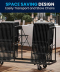 Hercules Set Of 10 Indoor Outdoor Heavy Duty Plastic Folding Chairs, 650 Lb Static Weight Capacity in storage on wheeled rack
