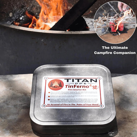 All In One 100 Piece Fire Starter Kit For Campfires And Survival With Ferro Rod 3000F Sparks, tin beside campfire.