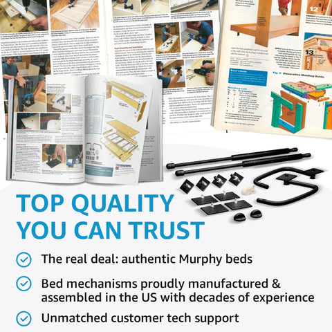 Top Shelf Queen Size Vertical Murphy Bed Kit Showcasing Gritty American Made Steel Build assembly instructions and parts.