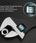 Close-up of Three Piece Adjustable Spud Wrench Set with 8 inch, 10 inch, and 12 inch sizes, focus on crowbar tail and laser scale.