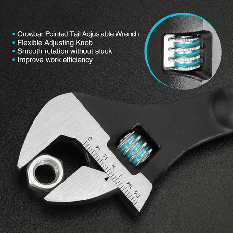 Close-up of Three Piece Adjustable Spud Wrench Set with 8 inch, 10 inch, and 12 inch sizes, focus on crowbar tail and laser scale.