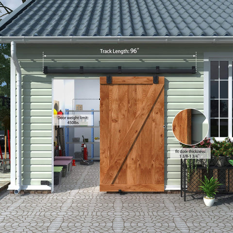Exterior Sliding Barn Door Hardware Track Kit With 96 Inch Black Track, Heavy Duty 500 Lb Capacity, Weatherproof Wall Mount System For Outdoor Use, Includes Five Brackets, Door Not Included installed outside a green building