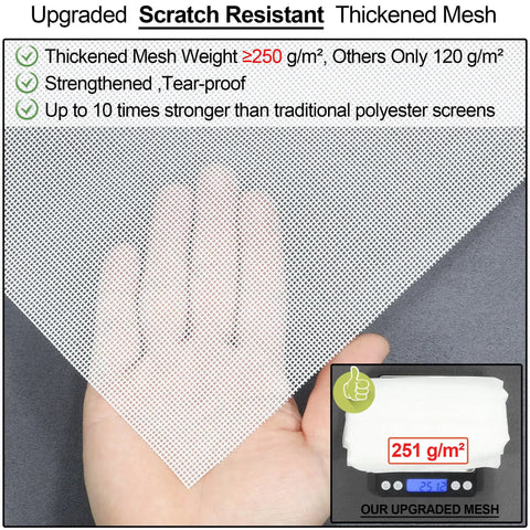 Hand holding thick magnetic screen door mesh with 250g/m² weight shown, part of upgraded magnetic screen door.