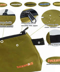 Close-up of Five Pack 20 Oz Heavy Duty Canvas Tool Zipper Bags showing YKK zipper, water resistant material, and brand logo.