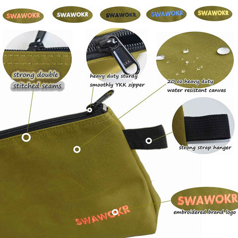 Close-up of Five Pack 20 Oz Heavy Duty Canvas Tool Zipper Bags showing YKK zipper, water resistant material, and brand logo.