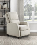 Push Back Manual Recliner Chair In Beige Fabric With Track Arms And Bun Feet For Deep Cushioned Comfort In Cozy Living Room