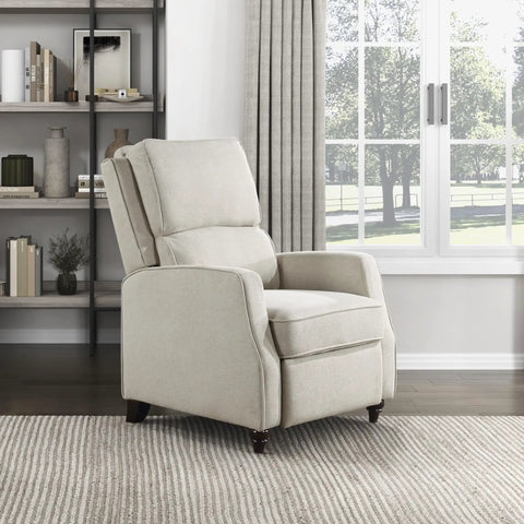 Push Back Manual Recliner Chair In Beige Fabric With Track Arms And Bun Feet For Deep Cushioned Comfort In Cozy Living Room