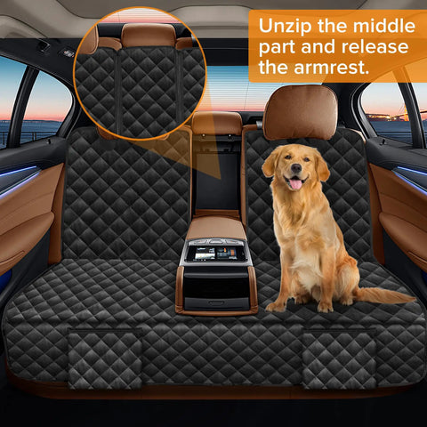Dog Car Seat Cover For Mazda Back Seat Fits CX50 CX5 CX30 SUVs Waterproof Non Slip Pet Bench Protector with dog sitting on it.