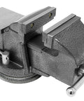 4 Inch Bench Vise With Cast Iron Body And Swivel Base Heavy Duty 36000 PSI Clamp 4 Inch Jaws Opening Up To Five And One Eighth Inches 130 Degree Swivel 2440 Lb Clamping Force Built In Anvil Three And Three Eighths By Three Inches Workhorse, front view