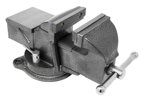 4 Inch Bench Vise With Cast Iron Body And Swivel Base Heavy Duty 36000 PSI Clamp 4 Inch Jaws Opening Up To Five And One Eighth Inches 130 Degree Swivel 2440 Lb Clamping Force Built In Anvil Three And Three Eighths By Three Inches Workhorse, front view