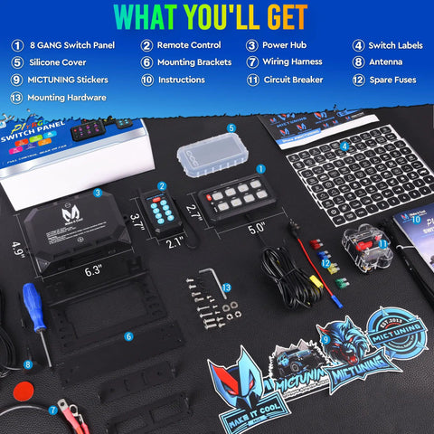 RGB 8 Gang Dual Control Switch Panel with RF Remote, silicone cover, accessories and labels for off-road rigs