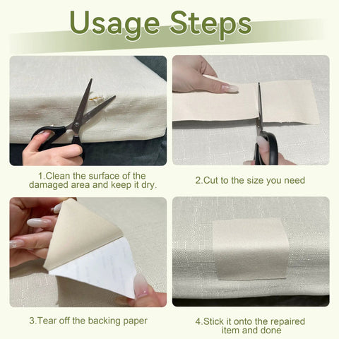 Usage steps for Heavy Duty Canvas Repair Tape Patch Kit 3x79 Inch Waterproof Self Adhesive Fabric Patch for Indoor Outdoor Gear Repair.