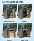 Four gray Heavy Duty Outdoor Portable Storage Sheds With Roll Up Door And Vent for motorcycle, tools, firewood, utility room.