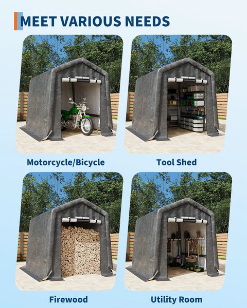 Four gray Heavy Duty Outdoor Portable Storage Sheds With Roll Up Door And Vent for motorcycle, tools, firewood, utility room.