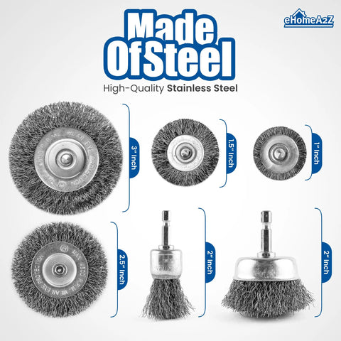 Six Pack 1/4 Inch Hex Wire Wheel Cup Brush For Drill, Rust Removal, varying sizes, crimped steel wire, 4500 RPM Max