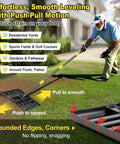Man using Heavy Duty Lawn Leveling Rake With 17 Inch By 10 Inch Stainless Steel Ground Plate And 60 Inch Handle For Anti Flipping Operation