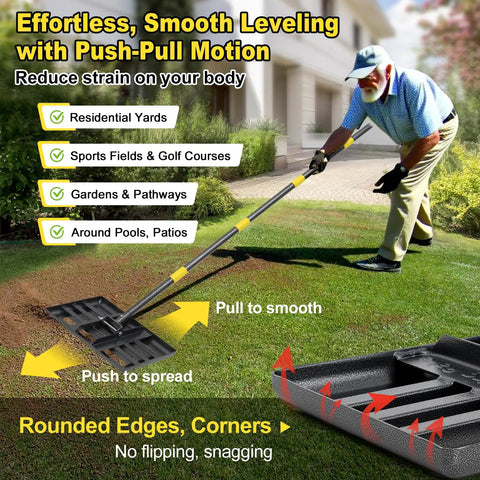 Man using Heavy Duty Lawn Leveling Rake With 17 Inch By 10 Inch Stainless Steel Ground Plate And 60 Inch Handle For Anti Flipping Operation