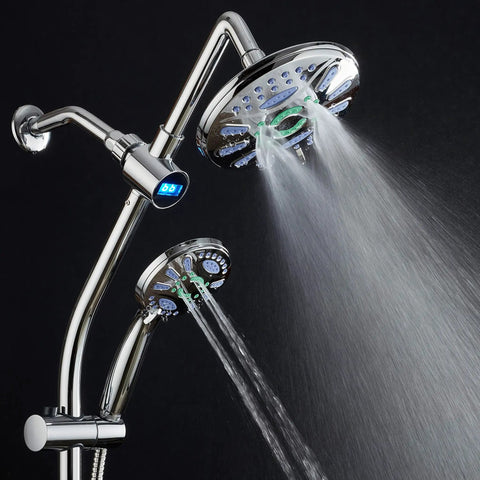 No-Drill 34-Inch Shower Bar With LED Temperature Display, 3-Way Rain And Handheld Shower Head, water flow, stainless steel chrome