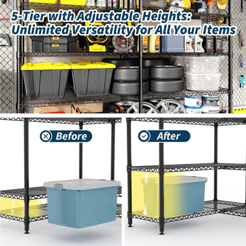 Five Tier Heavy Duty Metal Storage Shelves 60 Inch Wide Wire Shelving Unit Built To Last Holds A Beefy 1325 Lbs Total Load 265 Lbs Per Shelf Corner L Shaped Standing Rack For Garage Kitchen Pantry Basement 13.8 Inch Deep 70.5 Inch High, black wire shelving in garage