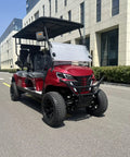 Top Tier Four Seater Electric Golf Cart Built With A Solid Front Bumper And Aggressive Off Road Tires Including HD LED Smart Dashboard parked on street.