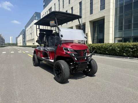 Top Tier Four Seater Electric Golf Cart Built With A Solid Front Bumper And Aggressive Off Road Tires Including HD LED Smart Dashboard parked on street.