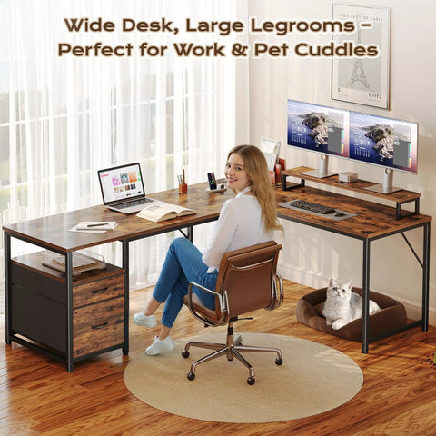 Dope 63 Inch L Shaped Desk With Built In Power Outlets And USB C Port For Home Office Corner Setup With Monitors And Storage