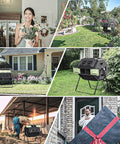 Collage showing 43 Gallon Outdoor Tumbler Compost Bin With Dual Compartment Design Rotating Garden Composter in different garden settings.
