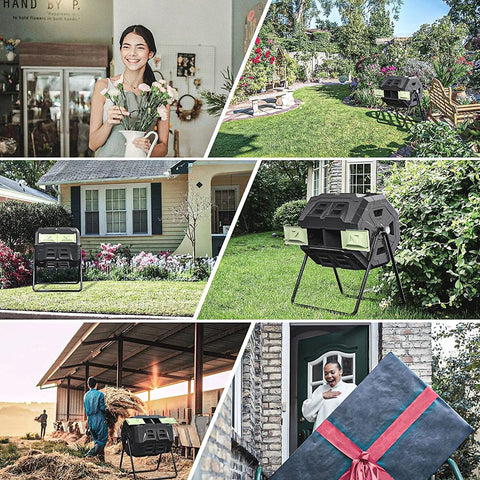 Collage showing 43 Gallon Outdoor Tumbler Compost Bin With Dual Compartment Design Rotating Garden Composter in different garden settings.