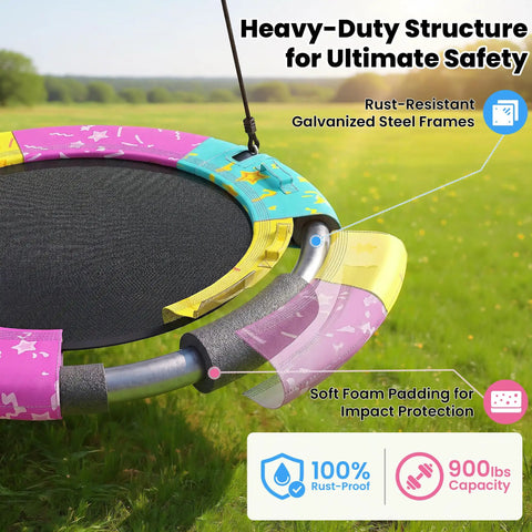 All Weather Saucer Swing For Kids And Grownups, 43 Or 48 Inch Backyard Or Playground Swing With Tree Hang Kit, 900 Lb Weight Capacity, ASTM F963-23 Approved, close-up of colorful swing frame and soft foam padding