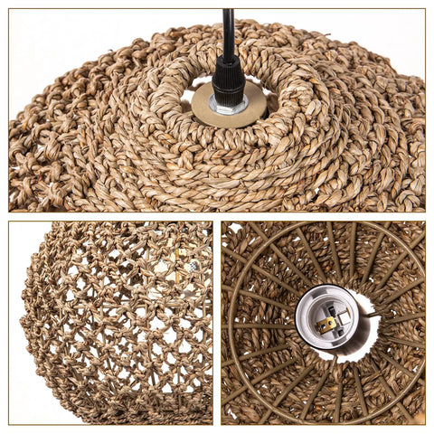 Close-up of One Light Rattan Woven Pendant Light Fixture With Handwoven Lampshade Handmade Ceiling Chandelier in natural seagrass.