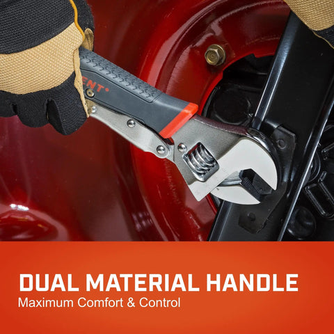 Locking Adjustable Dual Material Wrench, 10 Inch, Pliers Strength Jaw, Anti Slip Grip, Built To Last Gear For Quick Fixes, Wide Jaw Opening Up To 1 Inch, ACL10VS in use on a mechanical component