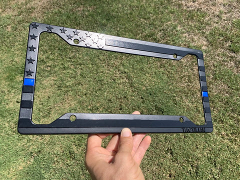 Subdued 3D Embossed American Flag License Plate Frame With Black Gloss On Matte Finish For Car Truck Or SUV Featuring Thin Blue Line