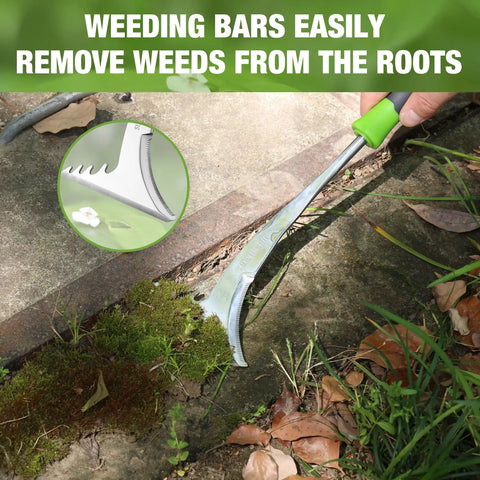 Crack Weeder With L Shaped Blade And Soft Grip Stainless Steel Handle For Effortless Root Pulling And Removal In Garden Lawn Yard Patio And Paving Crevice Scraper Tool in use on mossy patio cracks