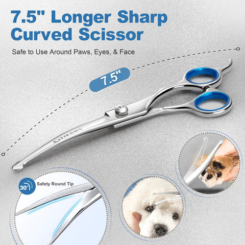 Titanium Coated Pro 6 In 1 4CR Stainless Steel Dog Grooming Scissors With Safety Round Tip Heavy Duty Pet Grooming Shears For Dogs Cats And Other Animals, 7.5-inch curved