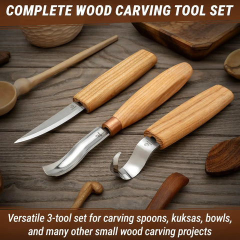 Sweet Complete Wood Spoon Carving Kit Featuring Razor Sharp Hook Knife Premium Sloyd Blade And Wide Bowl Gouge for versatile 3-tool set.