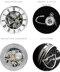 Men's Skeleton Pocket Watch With Hand Wind Mechanical Movement Stainless Steel Case And 12 Inch Chain, close-up details