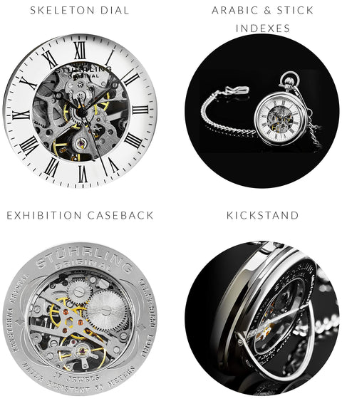 Men's Skeleton Pocket Watch With Hand Wind Mechanical Movement Stainless Steel Case And 12 Inch Chain, close-up details