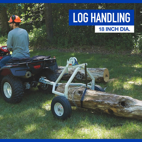 Heavy Duty Atv Log Skidding Arch Rated One Thousand Pounds Features Rugged Steel Build Smooth Pneumatic Wheels Quick Lock Hitch Coupler Hand Winch With Fifteen Foot Poly Strap Built To Yard Timber Like A Champ Without Breaking A Sweat