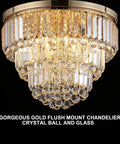 Modern K9 Crystal Gold Flush Mount Chandelier With 6 Lights, 3 Tier Round Ceiling Fixture, Crystal Raindrops Sparkle
