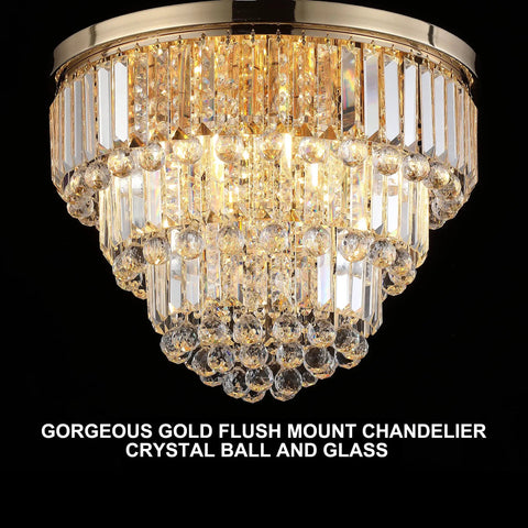 Modern K9 Crystal Gold Flush Mount Chandelier With 6 Lights, 3 Tier Round Ceiling Fixture, Crystal Raindrops Sparkle