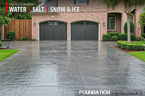 Heavy Duty Solvent Based Acrylic High Gloss Wet Look Cure And Seal For Concrete And Pavers 5 Gallon on a driveway with a wet-look finish.