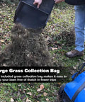Person emptying 14.5 gal thatch bag from 16 Inch Dethatcher And Scarifier For Lawn, Electric Walk Behind Tool with 15 Amp Motor
