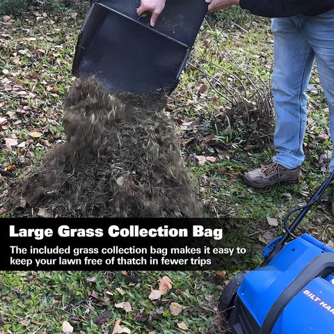 Person emptying 14.5 gal thatch bag from 16 Inch Dethatcher And Scarifier For Lawn, Electric Walk Behind Tool with 15 Amp Motor