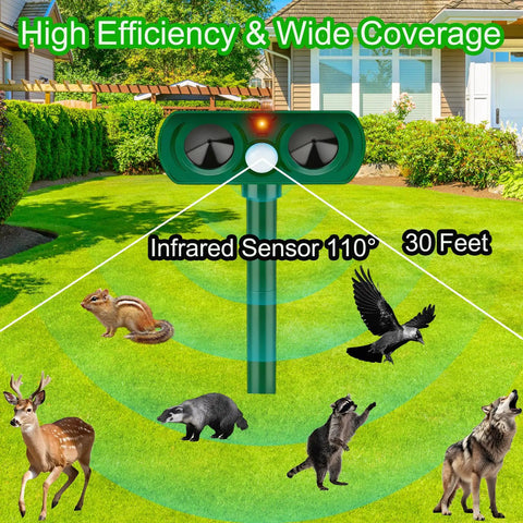 Motion Activated Solar Ultrasonic Outdoor Animal Deterrent With PIR Sensor Waterproof Yard Guard For Cats Dogs Squirrels Raccoons Skunks Rabbits Deer Foxes Humble Humane Noiseless Protection That Keeps Critters Off Your Lawn And Garden All Year, garden coverage