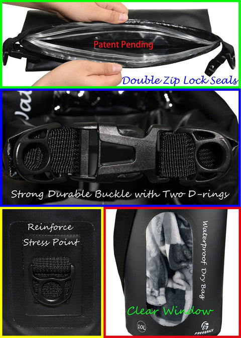 Image showing details of the waterproof dry bag set of 3 with double zip locks, including buckle, stress point, and clear window.