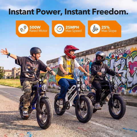Spark D1 Fat Tire Electric Bike For Teens And Adults, 1500W Peak Motor, 48V 10.4Ah Battery, 16 Inch eBike With 20 Plus MPH Top Speed, Easy City Cruising And Trail Riding, Black teens riding fat tire e-bikes on a city street